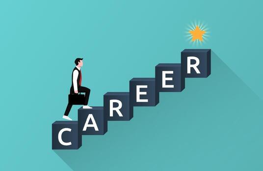 businessman walking on cubes with text career symbol to reach shiny star career growth and development concept illustration vector